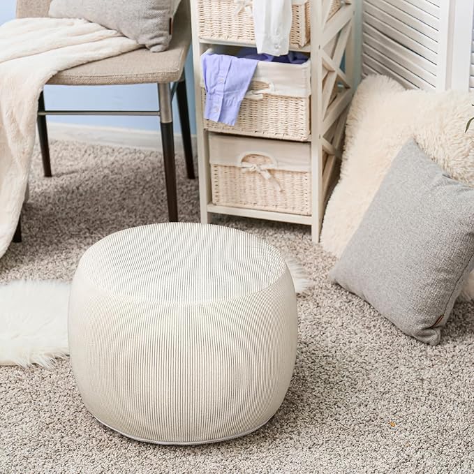 2 Pack Round Inflatable Pouf Ottoman Foot Rest for Couch 20 x 16 Inch Cozy Portable Floor Corduroy Poufs Foot Stool Ottoman with Pump for Living Room Bedroom Chair, Beige-HomvellaHome