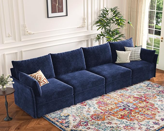 134.6" Modular Sectional Sofa, Oversized 4 Seater Blue Couch with Removable Chenille Fabric Cover, Deep Seat & High Backrest for Living Room, Office & Apartment-HomvellaHome