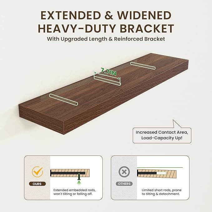 12 Inch Deep Floating Shelves, 48W x 12D Rustic Large Floating Shelves, Deep Walnut Wood Wall Shelves Set of 1 for Living Room Bathroom Laundry Room Bedroom Kitchen Home Office - Walnut-HomvellaHome