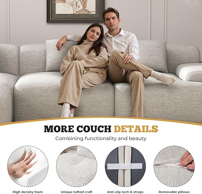 122" Modern L Shaped Modular Sectional Sofa, Boneless Couches for Living Room with Ottoman,4 Seater Convertible Chenille Cloud Couch Sofa Set, No Assembly Required, Beige 1 PCS-HomvellaHome