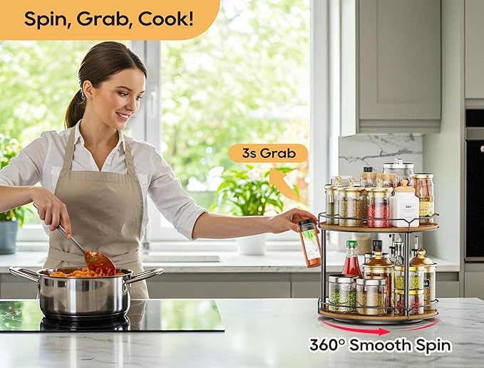 12.4" Lazy Susan Organizer 2 Tier - Rotating Spice Rack, Wooden Spinning Spice Holder for Inside Cabinet, Pantry, Kitchen, Countertop, Bathroom and Vanity, Versatile Storage-HomvellaHome