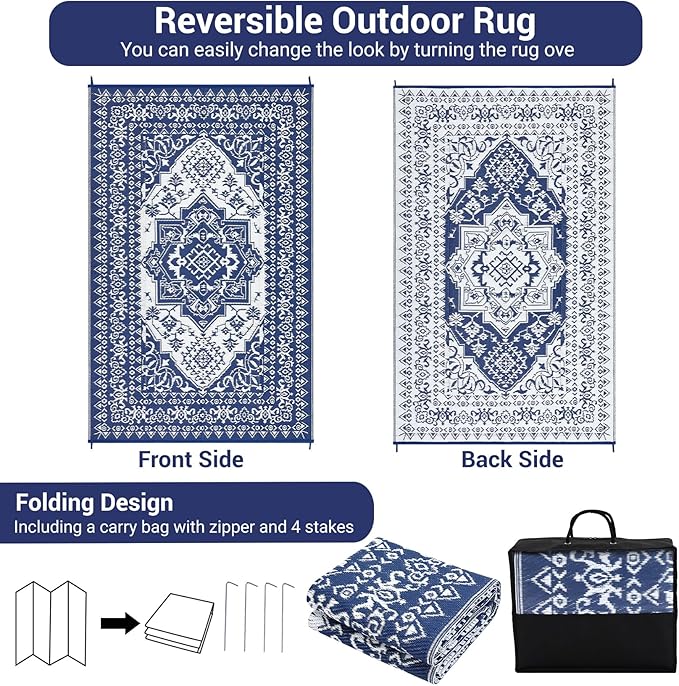 GAOMON Outdoor Rugs for Patio 9x12 Waterproof Reversible Plastic Straw Rug, Large UV-Resistant Portable RV Camping Mats, Indoor Outdoor Medallion Carpet for Deck Porch Garden, Dark Blue & White-HomvellaHome