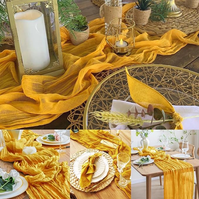 12 Pack Mustard 10FT Cheesecloth Table Runner Rustic Gauze Fabric Cheese Cloth Table Runner for Wedding Bridal Baby Shower Table Decor Boho Sheer Birthday Party Table Decorations 20 x 120 Inch Long-HomvellaHome