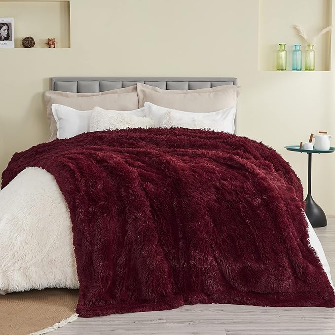 GONAAP Fuzzy Faux Fur Throw Blanket Queen Size Wine Red Super Soft Cozy Plush Fuzzy Shaggy Blanket for Couch Sofa Bed (Wine Red, Queen(90"x90"))-HomvellaHome