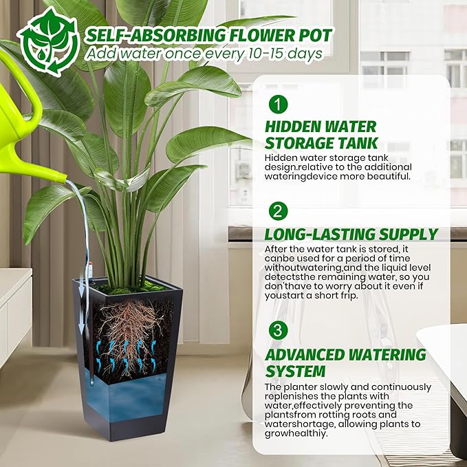 16" Tall Planters Set of 2, Outdoor＆Indoor Black Planter Pots, High Front Porch Planter Pots with Drainage Holes＆Water Level Monitor＆Inner Bucket, Automatic Watering,Black-HomvellaHome