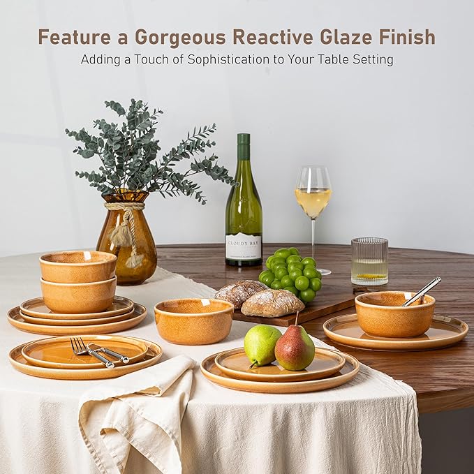 GBHOME Ceramic Dinnerware Sets for 4, 12 Pieces Stoneware Plates and Bowls Sets, Scratch Resistant Dishes, Dishwasher & Microwave Safe, Reactive Glaze-Amber-HomvellaHome