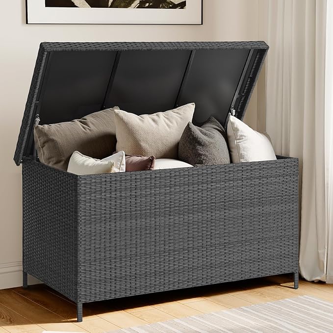 158 Gallon XL Deck Box with Lid, All Weather Wicker Outdoor Storage Box Waterproof, Large Outdoor Patio Storage Bin for Cushions, Garden Tools, Gears, Pool Accessories, Black-HomvellaHome