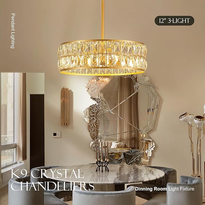 16” 4-Light Modern Crystal Chandeliers Gold Dinning Room Light Fixture, Round Pendant Light Kitchen Island Chandelier, Flush Mount Ceiling Light for Living Room Entryway Bedroom Foyer-HomvellaHome