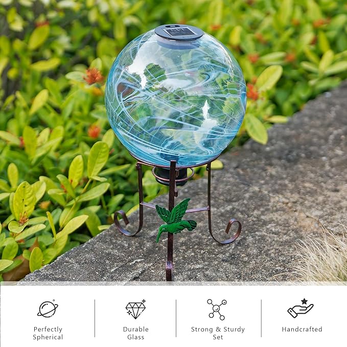 10 Inch Solar Glass Gazing Ball, with 9.4" Tall Metal Gazing Globe Stand, Solar Ball Lights Display Holder Set for Outdoor Garden Lawn Yard Decoration, Blue Water Ripple-HomvellaHome