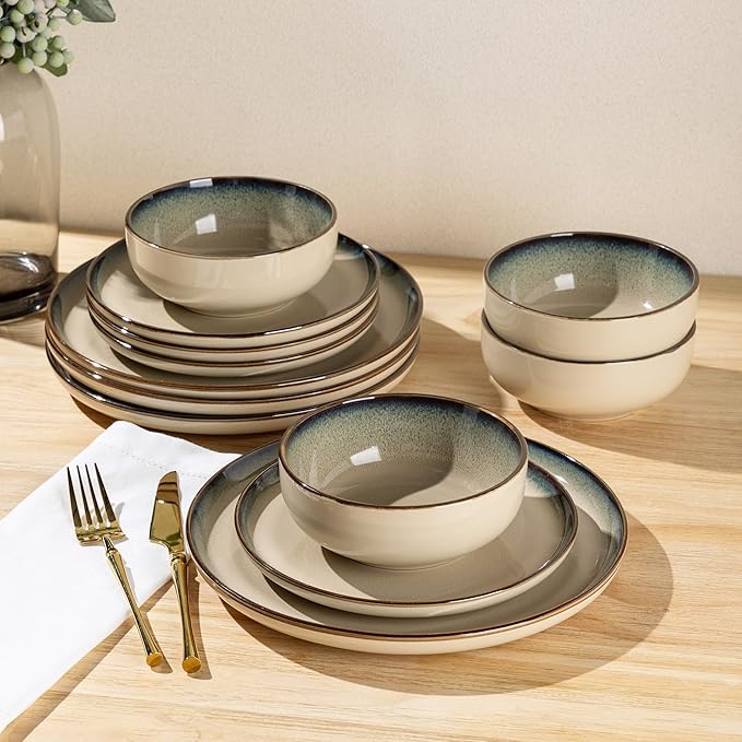 GBHOME Ceramic Dinnerware Sets for 4, 12 Pieces Stoneware Plates and Bowls Sets, Scratch Resistant Dishes, Dishwasher & Microwave Safe, Reactive Glaze-Gravel-HomvellaHome