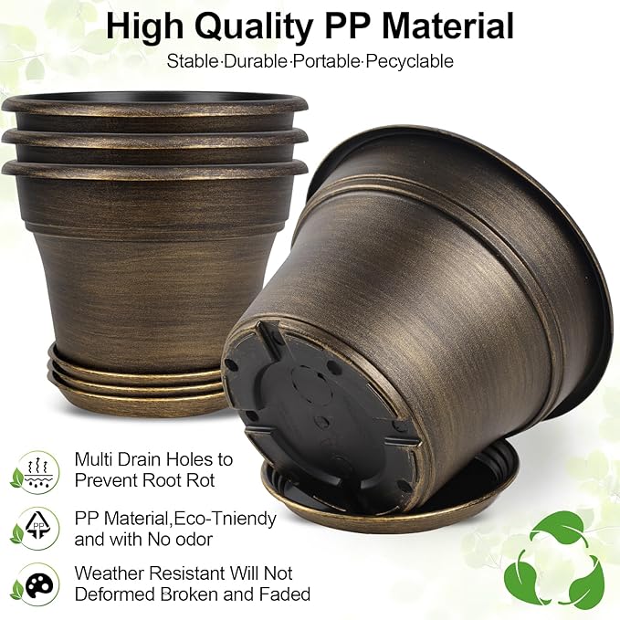 16 inch Plant Pots Outdoor Planters，4 Pack Large Plastic Flower Pot for Indoor Plants with Drainage Holes & Saucer, Resin Decorative Container Sets with Trays for House Outdoor Garden Plant Dark Gold-HomvellaHome