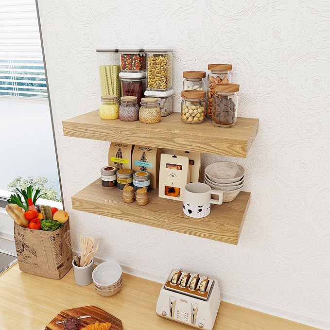 12 Inch Deep Floating Shelves, 24 x 12 Floating Shelf for Books, Rustic Wood Deep Wall Shelves for Home Storage & Display, 2" Thicked Shelves for Kitchen, Living Room, Bedroom, Oak Color, 1 Pack-HomvellaHome
