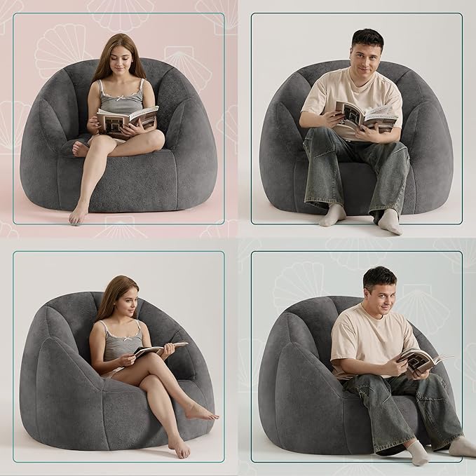 Giant Bean Bag Chair for Adults - Comfy Plush Round Shell Soft Accent Chair, Oversized Cozy Lounge Floor Sofa Reading Chair, Mini Couch for Living Room, Bedroom & Game Rooms, Gray-HomvellaHome