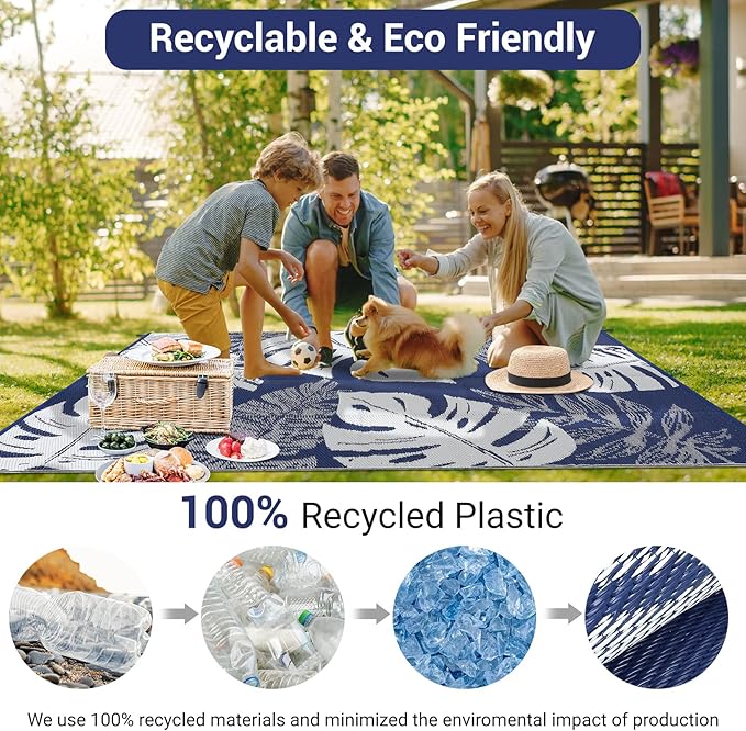 GAOMON Waterproof Plastic Straw Rug 9x12 Outdoor Patio Rugs, Reversible Modern Camping Mat with Bag & Stakes, UV Resistant & Easy to Clean Outdoor Carpet for RV, Deck, Balcony, Blue-HomvellaHome