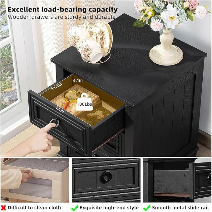 18" Night Stands Set of 2 with Charging Station, Farmhouse 2 & 3 Drawers End Table Dresser for Bedroom, Black Wooden Nightstand, Bed Side Table with Open Shelf, Bedside Cabinet for Living Room-HomvellaHome