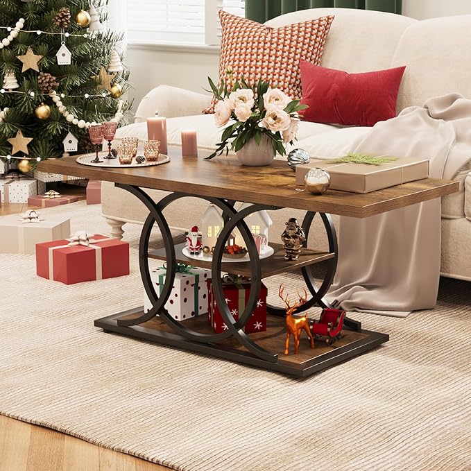 GiftGo Rustic Coffee Table with Storage Industrial 3 Tier Center Living Room Table Farmhouse Wooden Rectangle Cocktail Tea Table for Office Bedroom Elegant Full Moon Round Metal Frame (Brown, L-47)-HomvellaHome