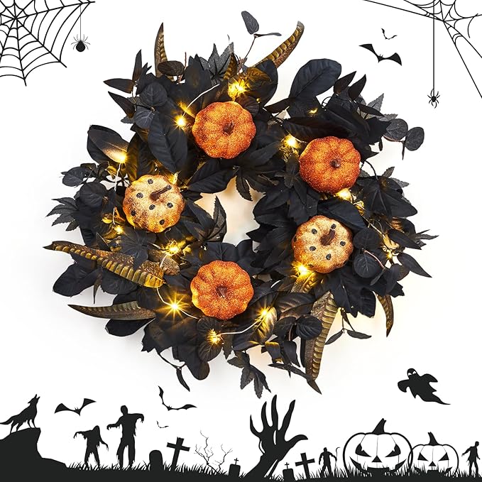 GarveeHome Halloween Wreath for Front Door, 18 Inch Fall Wreath with Pumpkins and Maple Leaves for Indoor Outdoor Wall Window Porch Patio Garden Farmhouse Home Party Prom Decoration-HomvellaHome