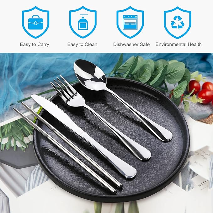 10PCS Portable Silverware Set with Case, Lengnoyp Travel Camping Utensils Set, Premium Stainless Steel Travel Cutlery Set, Reusable Safe Flatware Sets for Lunch Box/Workplace/Students, Silver-HomvellaHome