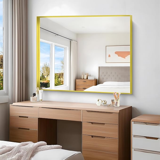 Gold Bathroom Mirror, 40x48 Inch Rectangular Framed Mirror, Large Wall Mounted Bathroom Vanity Mirror Over Sink for Bedroom,Restroom, Living Room, Hangs Vertically or Horizontally-HomvellaHome