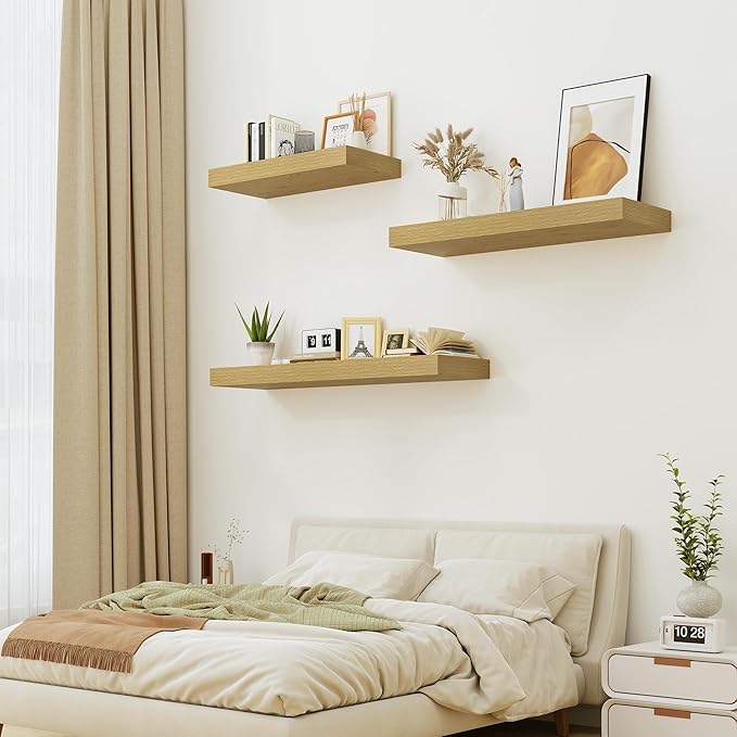 12" Deep Oak Floating Shelves,Over Toilet Long Wall Mounted Modern Farmhouse 36 inches,Wall Shelves with Invisible Brackets for Bedroom, Bathroom, Living Room, Kitchen, Set of 1-HomvellaHome