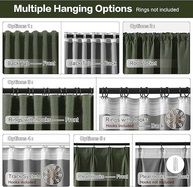 102 Inch Long Linen Blended Blackout Curtains 2 Panels, Back Tab Pleated Look Drapes for Track System with Hooks, Noise Reducing Country Blackout Winodw Curtains 50x102-Loden/Olive Green-HomvellaHome