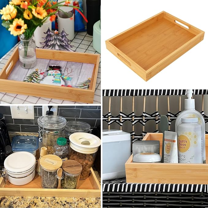 2 Pack Large Bamboo Serving Tray with Handles, 14 x 10 inch Wooden Dinner Tray, Home Kitchen Breakfast Trays for Living Room Bedroom Kitchen Dinner Table, Picnic-HomvellaHome