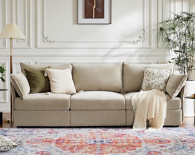 102.6" Modular Sectional Sofa, Oversized 3-Seater Couch with Removable Beige Chenille Fabric Cover, Deep Seat & High Backrest for Living Room, Office & Apartment-HomvellaHome