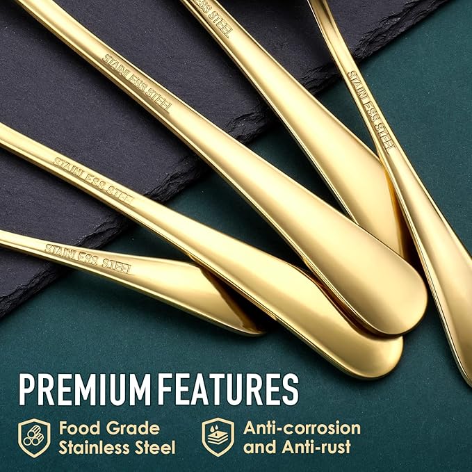 Gold Serving Utensils, OGORI 8-Piece Polished Stainless Steel Flatware Silverware Set Include Serving Spoon, Slotted Spoon, Cake Server, Soup Ladle, Fork, Salad Fork, Butter Knife, Serving Tong-HomvellaHome