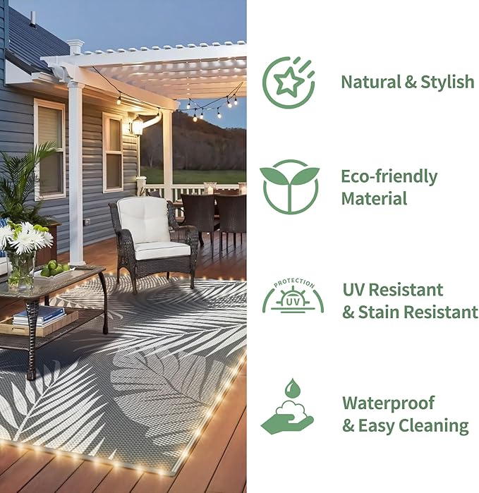 GENIMO Outdoor Rug 6' x 9' Waterproof for Patios Clearance, Reversible Outdoor Plastic Straw Camping Rug Carpet with LED String Light, Area Rugs Mats for RV, Camper, Deck, Balcony, Porch, Grey&White-HomvellaHome