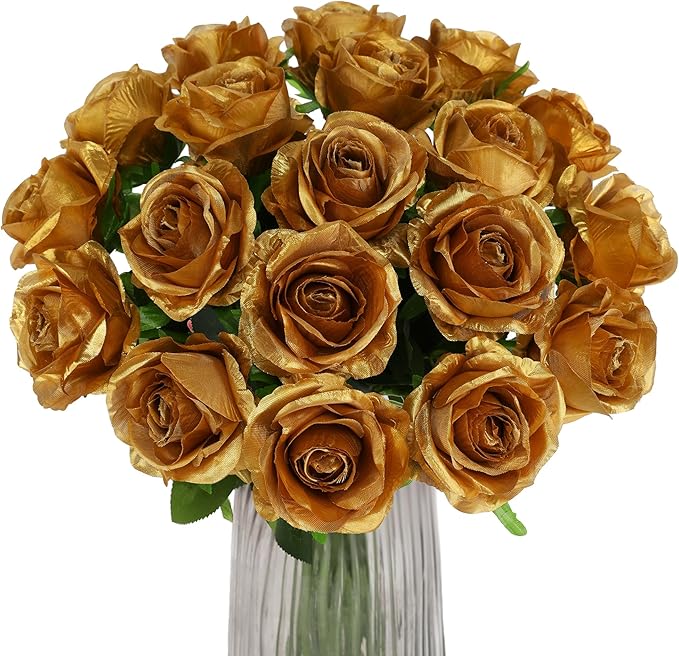 Gold Fake Roses Artificial Flowers - 10 Pcs Fake Artificial Roses Silk Flowers with Stems for Home Wedding Hotel Office Centerpiece Decor-HomvellaHome