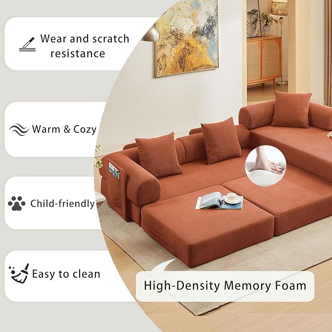 107" Oversized Convertible Sleeper Sofa Bed, Corduroy L Shape Sectional Couch, Folding Sofa Bed with Side Pocket, Modern Cloud Floor Mattress Couch, Modular Sofa for Living Room, Orange-HomvellaHome