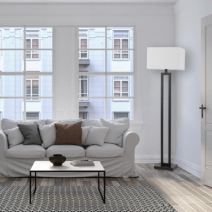 GLOBE Electric 67046 58" Floor Lamp, Matte Black Finish, White Linen Rectangular Shade, Modern Geometric Cutout Design, E26 Base-HomvellaHome