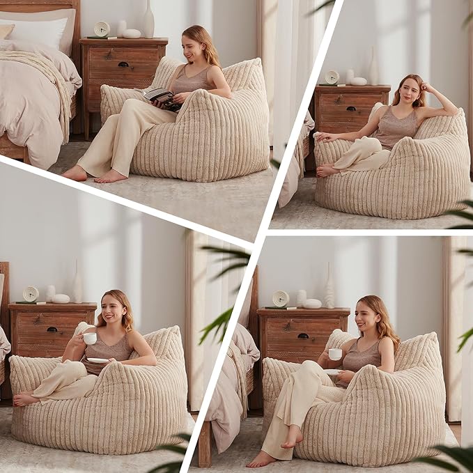 Giant Bean Bag Chairs for Adults Teens, Large Bean Bag Sofa Chairs with Filling Comfy Fuzzy BeanBag Chair with Armrests for Bedroom Living Room Reading-HomvellaHome