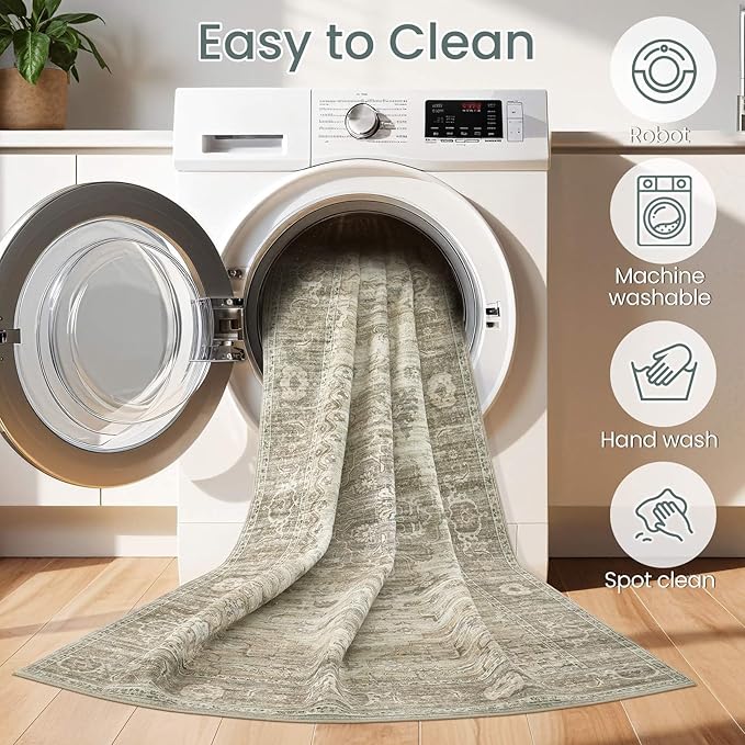 Washable Area Rugs for Living Room - 5x7 Neutral Vintage Distressed Floral Farmhouse Boho Large Soft Floor Rug Indoor Non Slip Carpet for Living Room Bedroom Dining Room Office - Brown/Tan-HomvellaHome