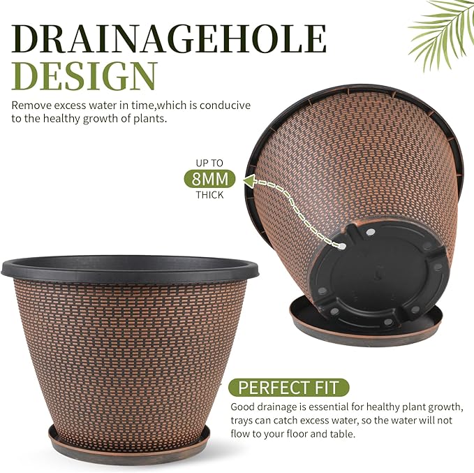 16 inch Plant Pots, Large Planters for Outdoor Plants Set of 4, Round Plastic Flower Pots with Drainage Holes & Trays, Modern Decorative Indoor Garden Pot, Plant Container for House (Black Copper)-HomvellaHome