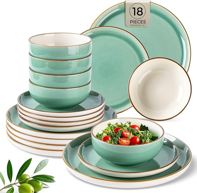 GBHOME Ceramic Dinnerware Sets, 18 Pieces Stoneware Dinnerware Set, Plates and Bowls Sets, Dishwasher & Microwave Safe,Dishes Set | Service for 6-HomvellaHome