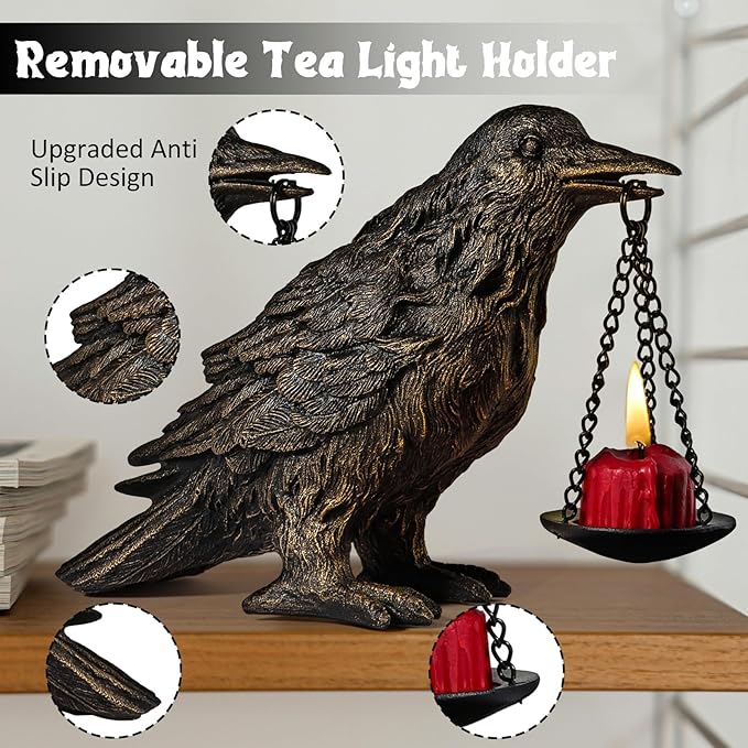 Gothic Home Decor Fake Crow Light Holder Raven Lamp Tealight Candle Holder Resin Statue Half Gold-HomvellaHome
