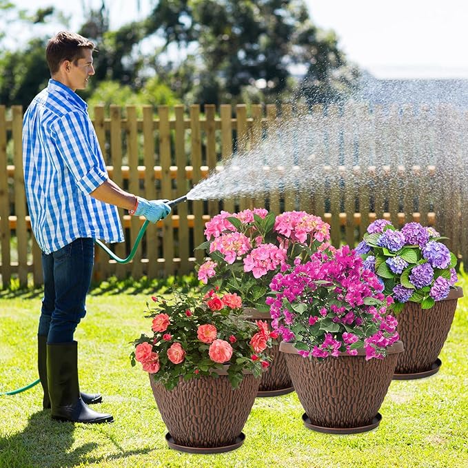 16 Inch Large Outdoor Plant Pot, 4 Pack Thickened Flower Pots with Drainage Holes & Saucer, Pebbles Pattern Design Tree Planters Outdoor for Garden Porch Home-HomvellaHome