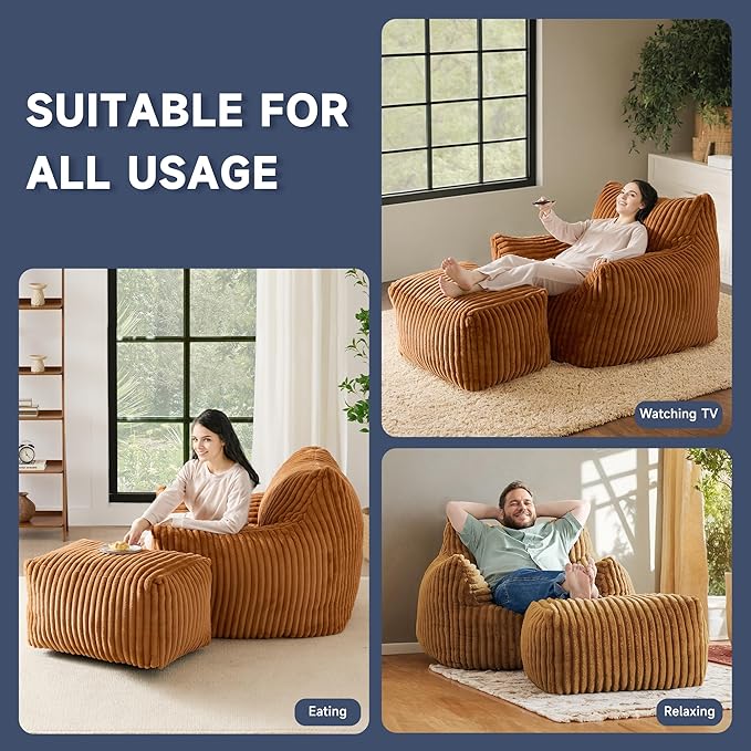 Giant Bean Bag Chairs for Adults, Oversized Chaise Lounge Chair Indoor with Memory Foam - Plush Boneless Lounger & Ottoman for Bedroom, Living Room, Gaming & Reading, Lazy Floor Sofa Chair, Orange-HomvellaHome