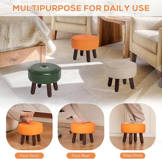 13in Small Foot Stool Ottoman, Round Faux Leather Foot Rest for Couch, Under Desk Pouf Footstool Footrest with Non-Skid Rubber Legs for Ling Room, Bedroom, 13''L x 13''W x 10.2''H, Orange-HomvellaHome