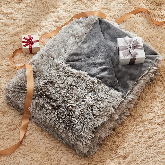 GONAAP Fuzzy Faux Fur Throw Blanket Queen Size Frosty Grey Super Soft Cozy Plush Fuzzy Shaggy Blanket for Couch Sofa Bed (Frosty Grey, Queen(90"x90"))-HomvellaHome