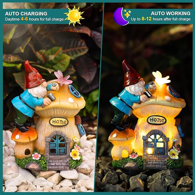Garden Gnome Statues Figurine Lights - Solar Powered Lighting Outdoor Decorations, Gnome Build Mushroom Fairy House, Yard Art Lawn Ornaments for Porch Patio Balcony - Gnome Gifts for Women Mom-HomvellaHome