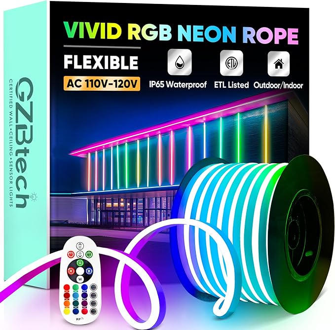 GZBtech RGB LED Neon Rope Lights 66FT/20M, AC 110-120V Waterproof Color Changing LED Rope with Remote Controller, Dimmable Multi Color Neon Rope Lighting for Indoor Outdoor Commercial Use-HomvellaHome