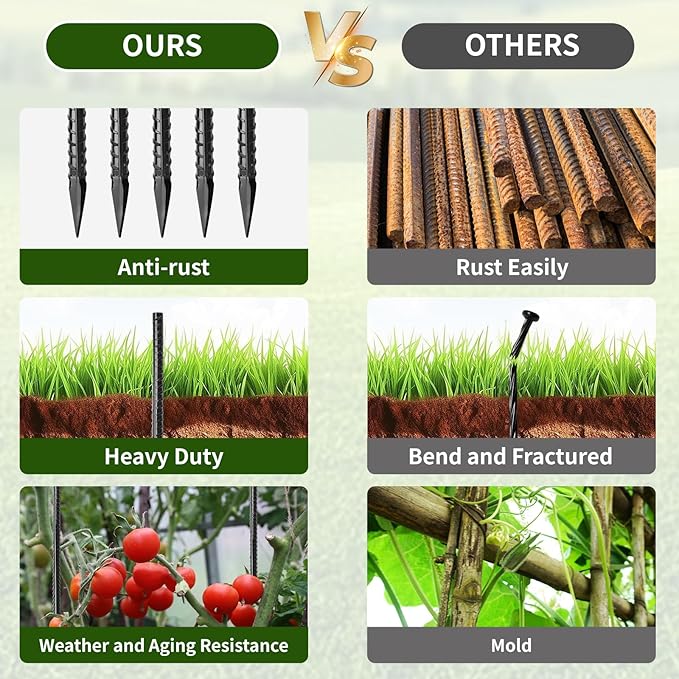 16 inches Rebar Stakes Heavy Duty (34-Pack) Metal Spikes for Concrete Timber, Garden Plant, Straight Steel Stakes for Tent, 3/8" Thickness Ground Anchors with Chisel Point End, Black-HomvellaHome