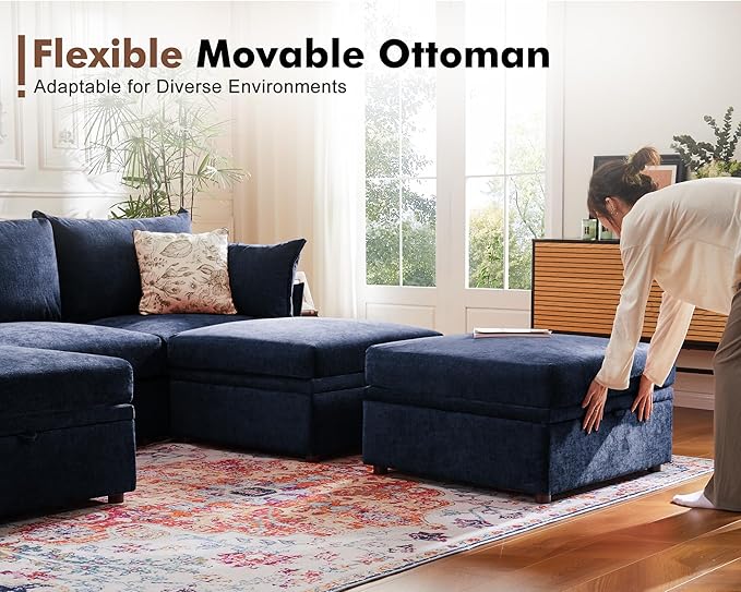 102.6" Luxury Modular Sleeper Sofa Bed 6 Seat Reversible Sectional Couch Deep Seat with Storage Chaises Removable Cover for Living Room, Apartment - Chenille Blue-HomvellaHome