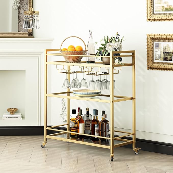 Glass Gold Bar Carts for Home with Hanging Wine Rack - Home Bar Serving Cart with 3 Mirrored Shelves, Kitchen Bar Carts, Wine Cart for Entertaining, Club Party.-HomvellaHome