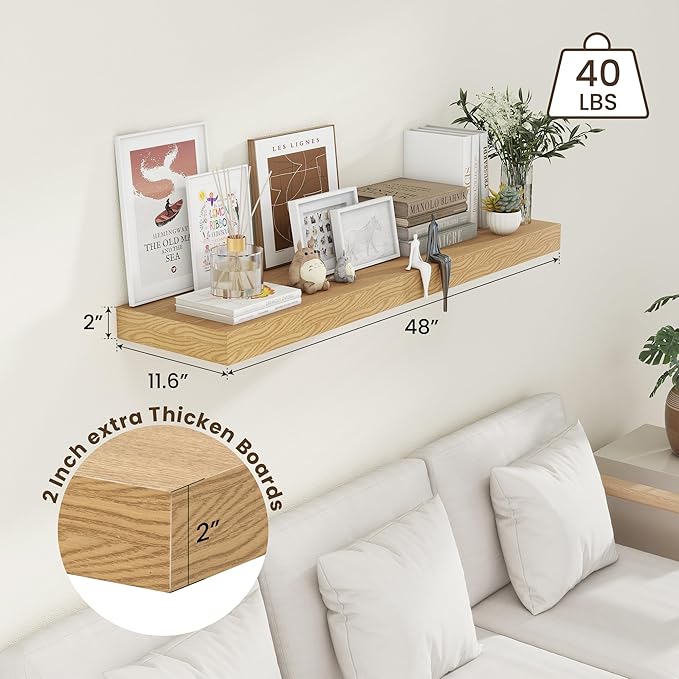 12 Inch Deep Floating Shelves for Wall, 48W x 12D Rustic Oak Wood Floating Shelves, Large Floating Shelves Set of 1 for Living Room Bathroom Laundry Room Bedroom Kitchen Home Office - Oak-HomvellaHome
