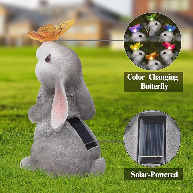 Garden Statue Outdoor Decor-Rabbit with Solar Butterfly Changing Lights Garden Statues,Bunny Statue for Patio,Balcony,Yard,Lawn Ornament,Gardening Gifts for Mom Grandma-HomvellaHome
