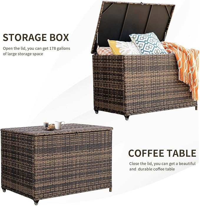 178 Gallon Outdoor Storage Box, Handle Large Portable Wicker Rattan Deck Box for Patio Furniture Cushions, Patio Deck Box with 2 WheelsThrow Pillows, Garden Tools and Pool Floats (Brown)-HomvellaHome