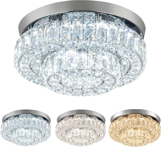 11.8" LED Chandelier 2-Layer Crystal Ceiling Light Fixture with Remote Control Flush Mount Chandelier Light for Hallway Bedroom Living Room Kitchen Foyer(dimmable)-HomvellaHome